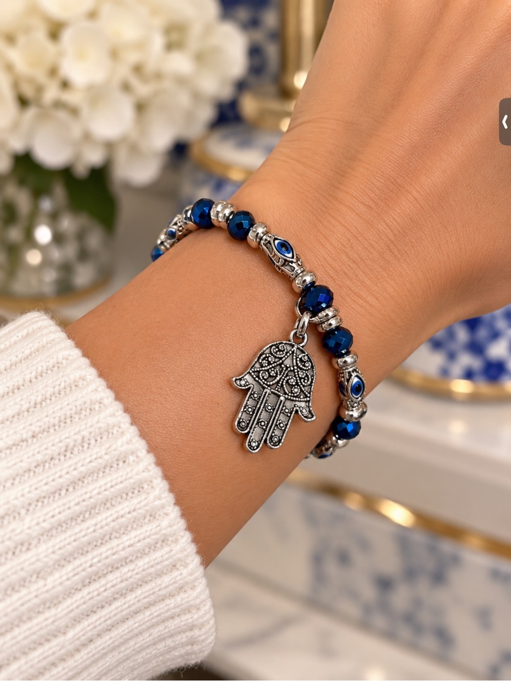Hamsa Charm Bracelet with Blue Beads